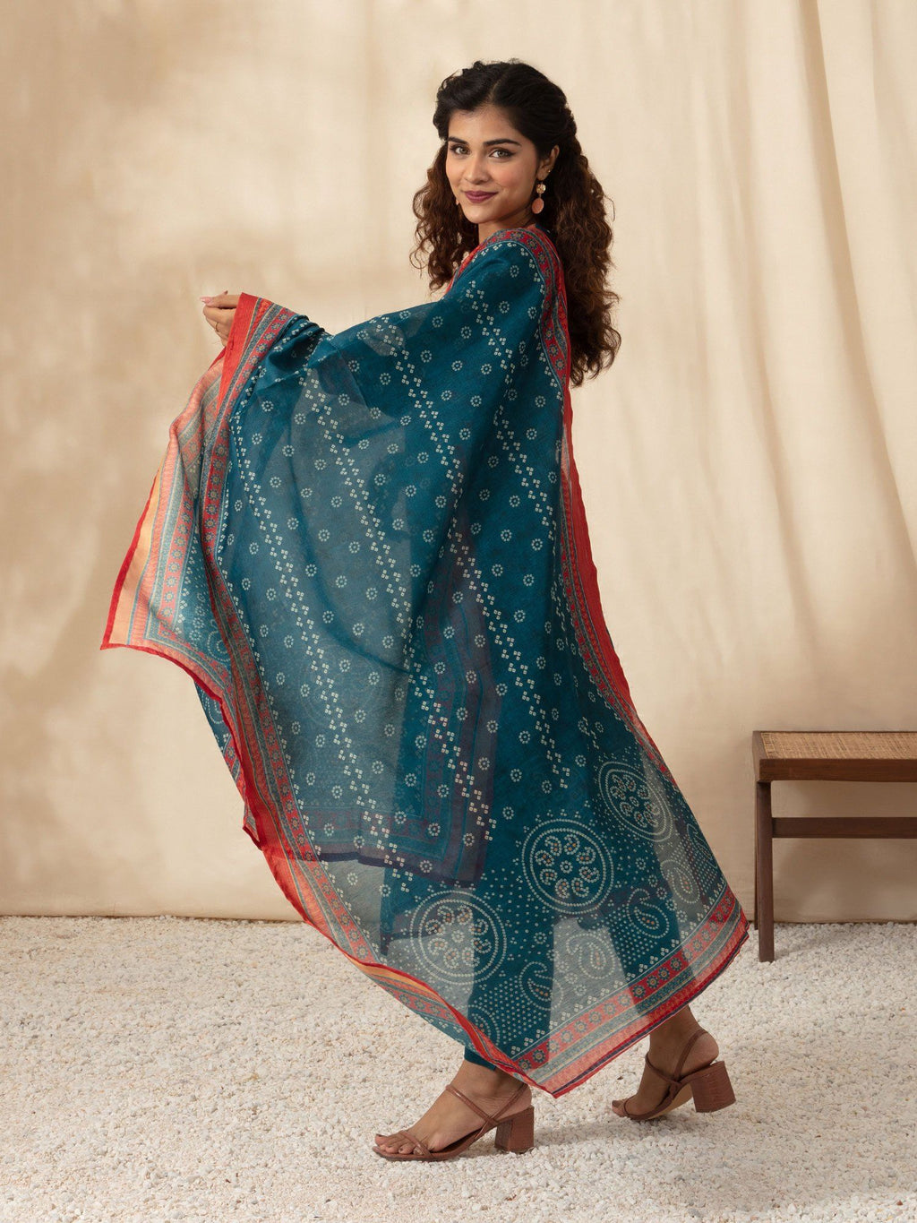 Likha Blue Printed & Embroidered Chanderi Kurta Pant Dupatta LIKSKD99 (Set of 3) - M