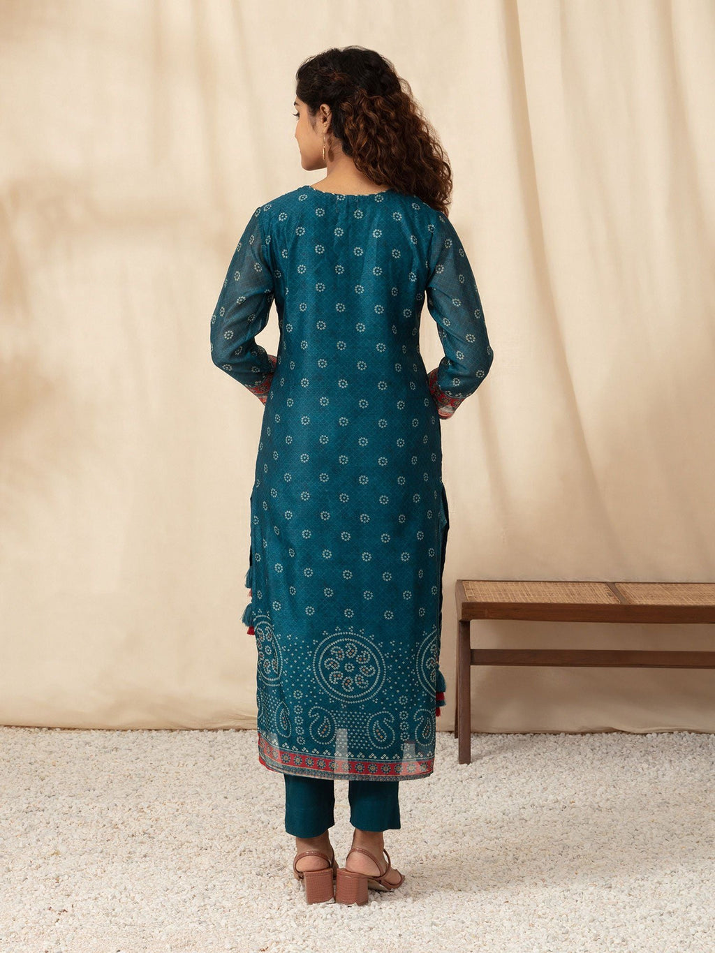 Likha Blue Printed & Embroidered Chanderi Kurta Pant Dupatta LIKSKD99 (Set of 3) - M