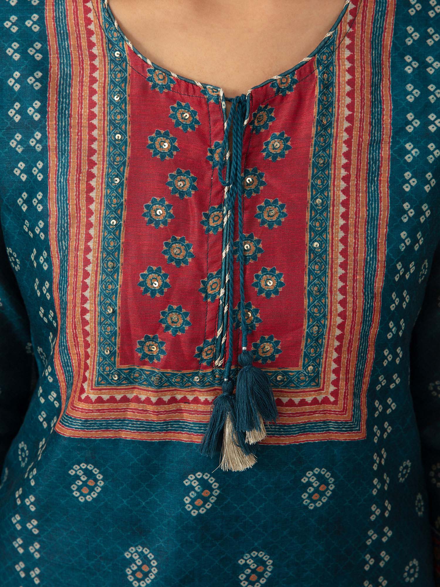 Likha Blue Printed & Embroidered Chanderi Kurta Pant Dupatta LIKSKD99 (Set of 3) - M
