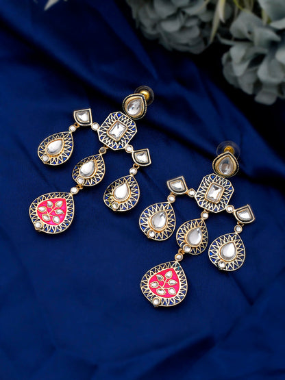 Shoshaa Gold-Polished Balck & Pink Kundan Enamel Drop Earrings