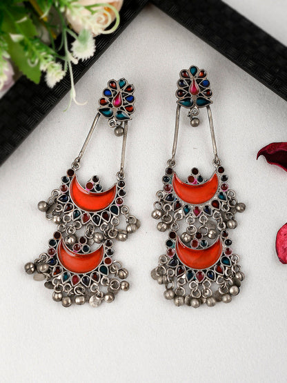 Shoshaa Silver-Plated Oxidised Multi Stones Drop Earrings