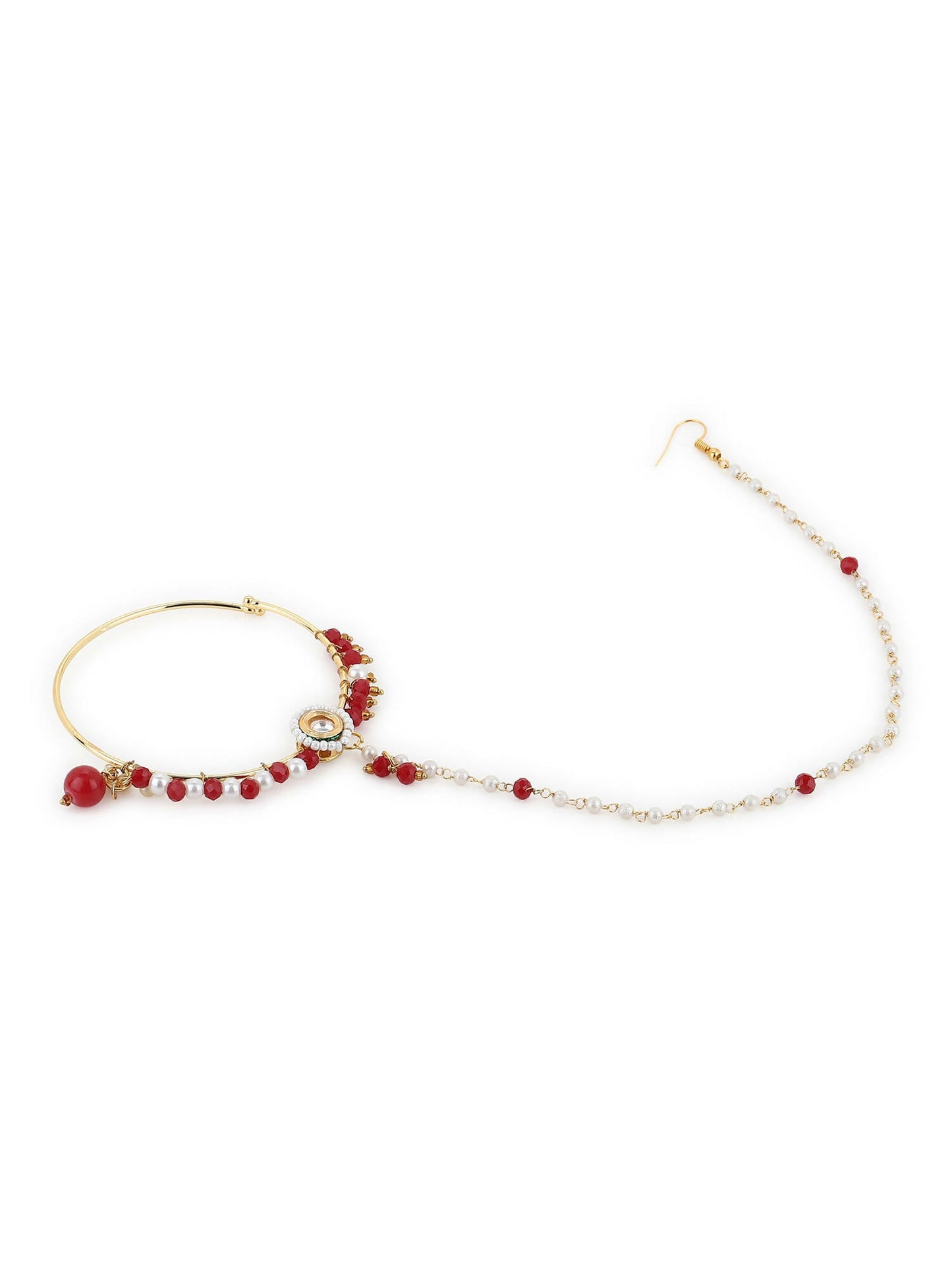 White Red Gold-Polished Kundan-Studded Beaded Nosepin - Ruby Raang
