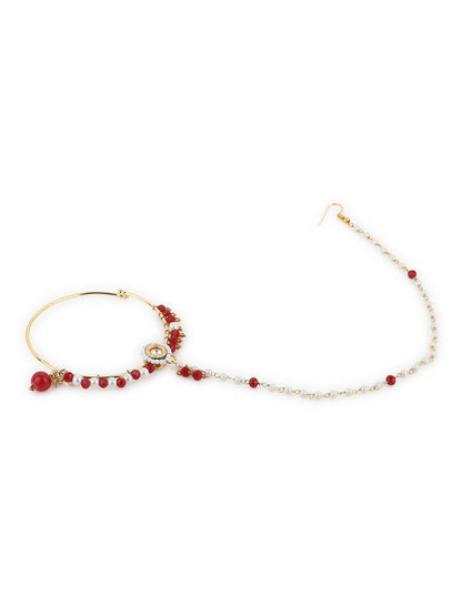 White Red Gold-Polished Kundan-Studded Beaded Nosepin - Ruby Raang