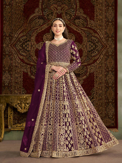 Anaita Purple Embroidered Net Stitched Anarkali Suit