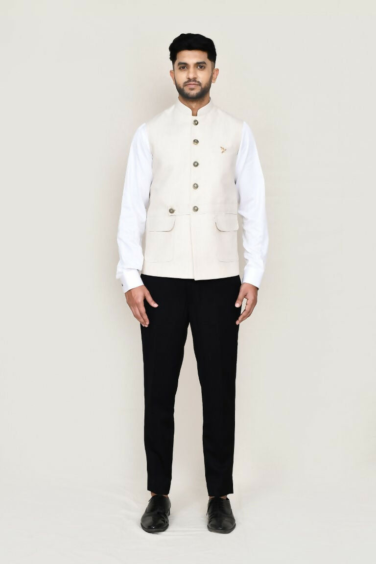 Joban Fashion Cream Colored Cotton Satin Work Men's Jacket