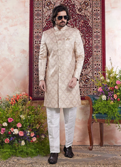 Raivat Ethnic Banarasi Jacquard Embroidery Indo Western Sherwani In Beige Colour