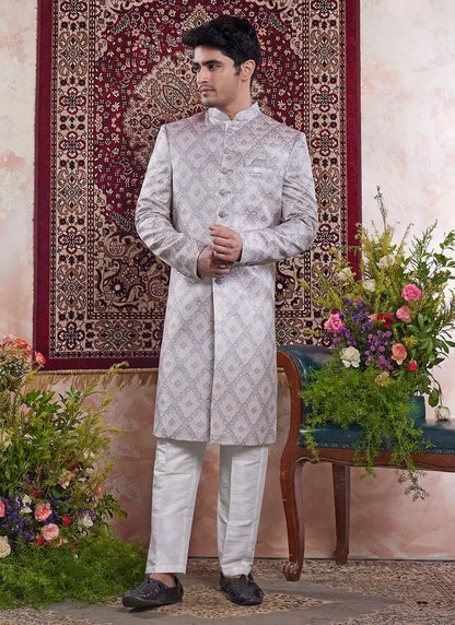Raivat Ethnic Banarasi Jacquard Embroidery Indo Western Sherwani In Grey Colour