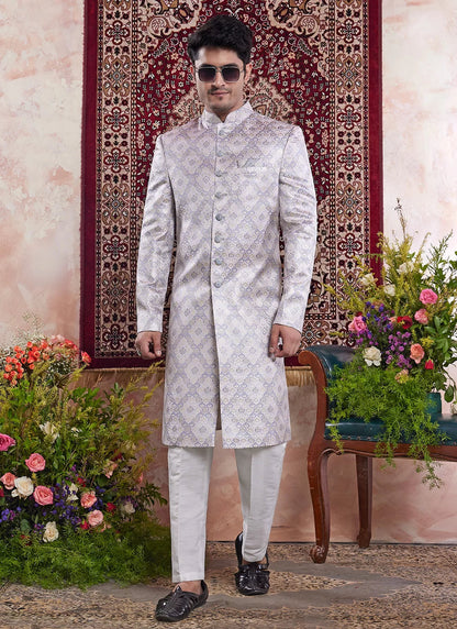 Raivat Ethnic Banarasi Jacquard Embroidery Indo Western Sherwani In Grey Colour