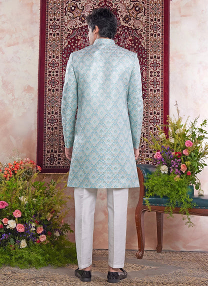 Raivat Ethnic Banarasi Jacquard Embroidery Indo Western Sherwani In Green Colour