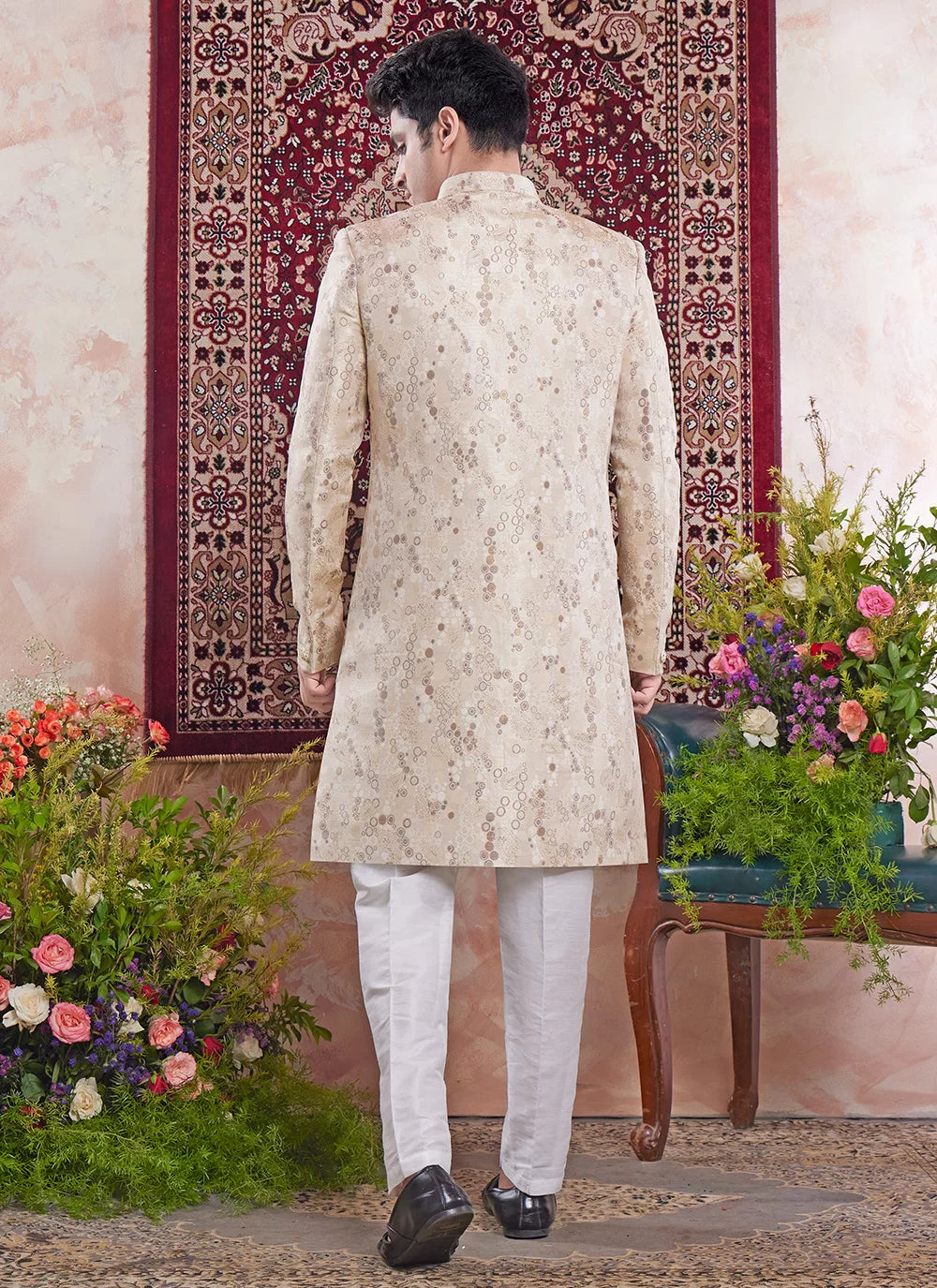 Raivat Ethnic Banarasi Jacquard Embroidery Indo Western Sherwani In Beige Colour