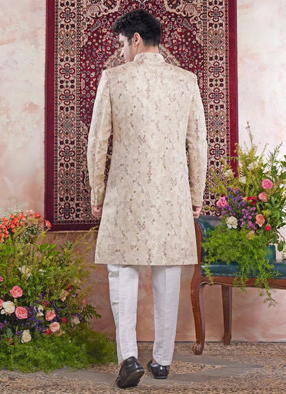 Raivat Ethnic Banarasi Jacquard Embroidery Indo Western Sherwani In Beige Colour