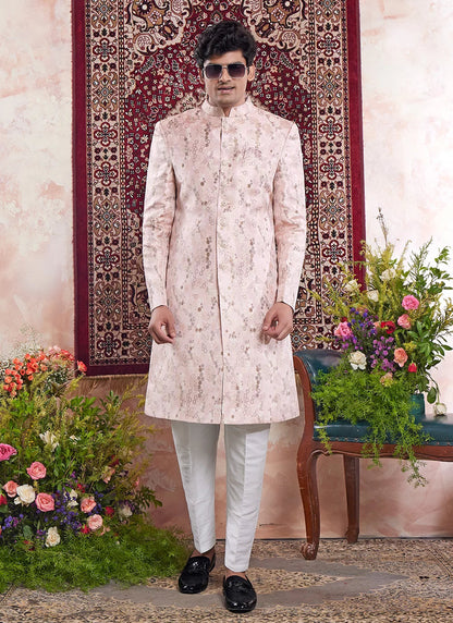 Raivat Ethnic Banarasi Jacquard Embroidery Indo Western Sherwani In Pink Colour