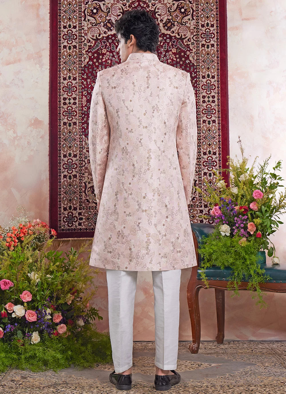 Raivat Ethnic Banarasi Jacquard Embroidery Indo Western Sherwani In Pink Colour
