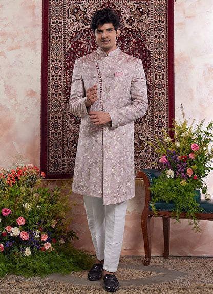 Raivat Ethnic Banarasi Jacquard Embroidery Indo Western Sherwani In Onion Pink Colour