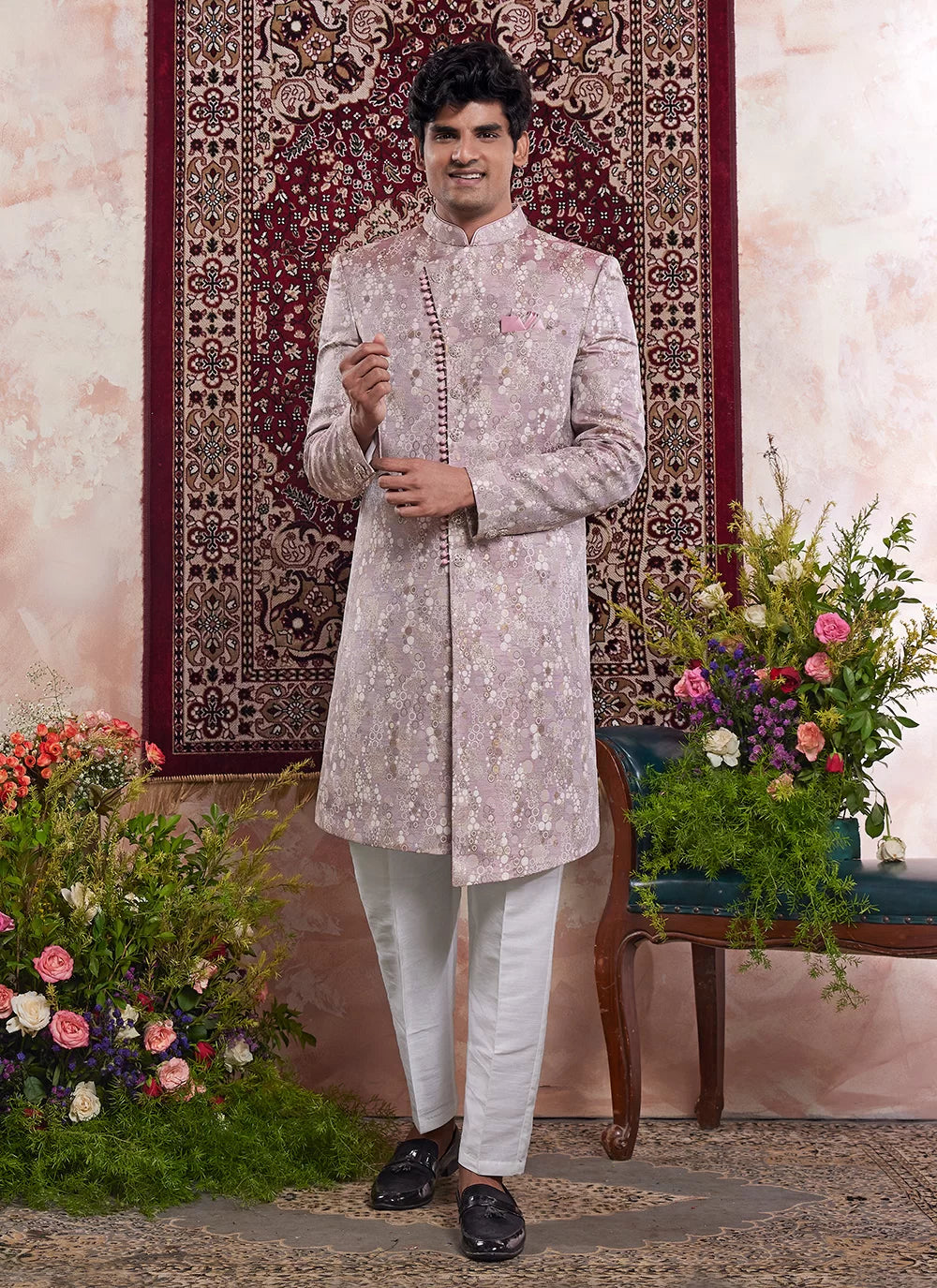 Raivat Ethnic Banarasi Jacquard Embroidery Indo Western Sherwani In Onion Pink Colour