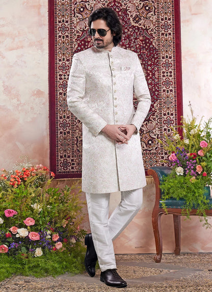Raivat Ethnic Banarasi Jacquard Embroidery Indo Western Sherwani In Green Colour
