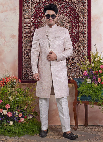 Raivat Ethnic Banarasi Jacquard Embroidery Indo Western Sherwani In Peach Pink Colour