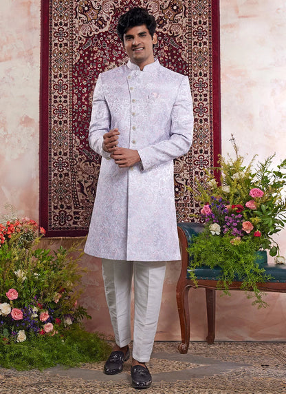 Raivat Ethnic Banarasi Jacquard Embroidery Indo Western Sherwani In Blue Colour