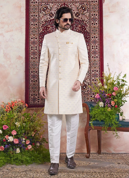 Raivat Ethnic Banarasi Jacquard Embroidery Indo Western Sherwani In Yellow Colour