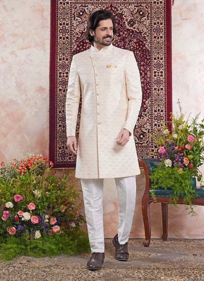 Raivat Ethnic Banarasi Jacquard Embroidery Indo Western Sherwani In Yellow Colour