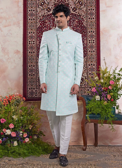 Raivat Ethnic Banarasi Jacquard Embroidery Indo Western Sherwani In Green Colour