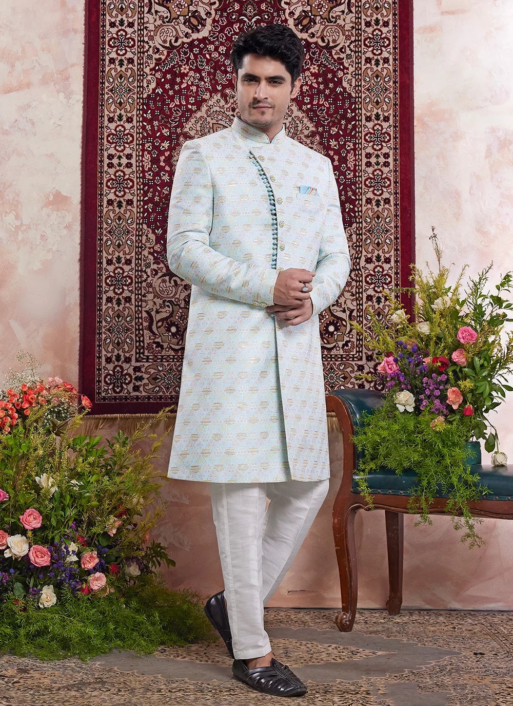 Raivat Ethnic Banarasi Jacquard Embroidery Indo Western Sherwani In Blue Colour
