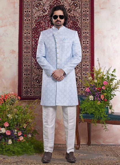 Raivat Ethnic Banarasi Jacquard Embroidery Indo Western Sherwani In Blue Colour