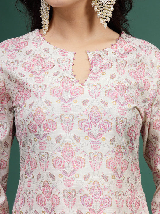 Floral Printed Cotton Notch Neck Straight Kurta
