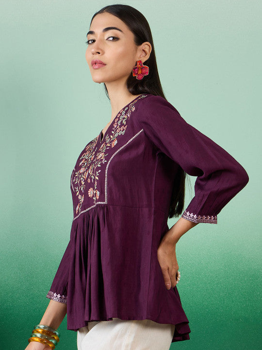 Sangria Women Floral Embroidered V-Neck Polycotton Top