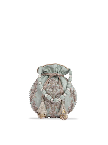 Masq Women Green & Silver-Toned Embellished Potli Clutch