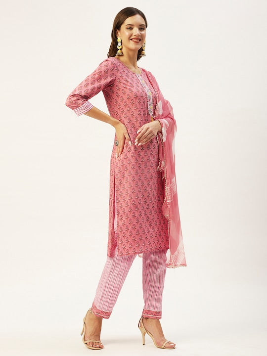 Anubhutee Women Peach Coloured Floral Printed Pure Cotton Kurta with Trousers & With Dupatta