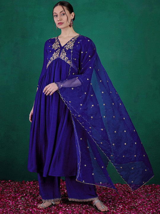 Sangria Blue Floral Embroidered Sequinned V-Neck A-Line Kurta With Palazzo & Dupatta