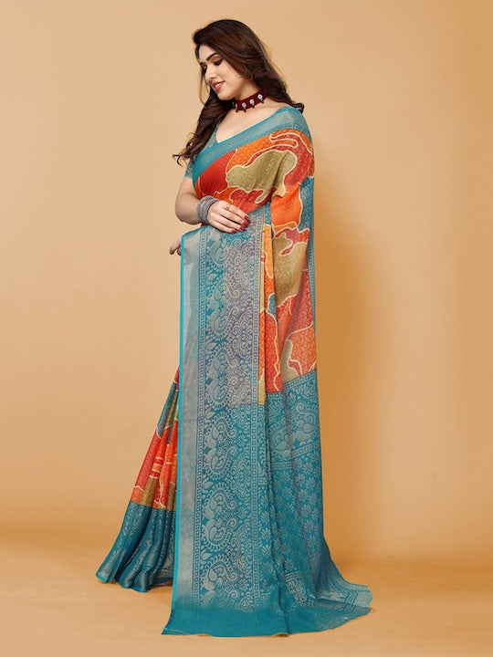 Fabmora Abstract Printed Zari Poly Chiffon Saree