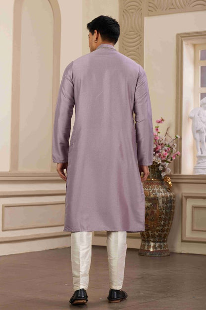 Raivat Ethnic Banarasi Art Silk Hand Work Kurta Pajama In Purple Colour