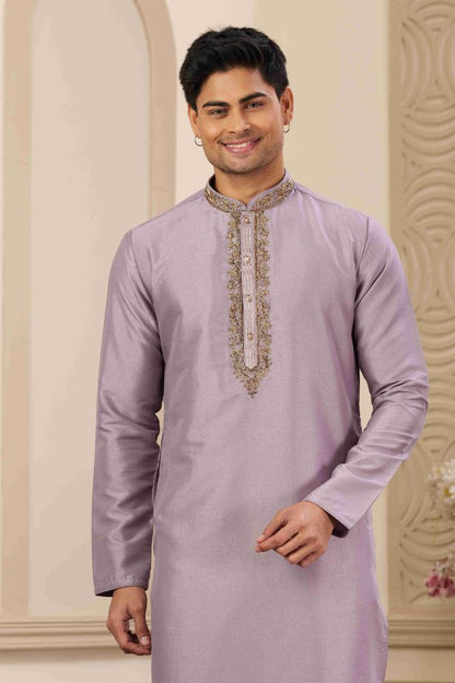 Raivat Ethnic Banarasi Art Silk Hand Work Kurta Pajama In Purple Colour