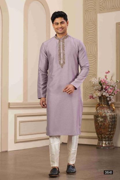 Raivat Ethnic Banarasi Art Silk Hand Work Kurta Pajama In Purple Colour