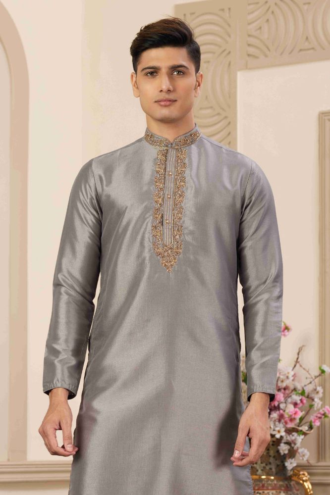 Raivat Ethnic Banarasi Art Silk Hand Work Kurta Pajama In Grey Colour