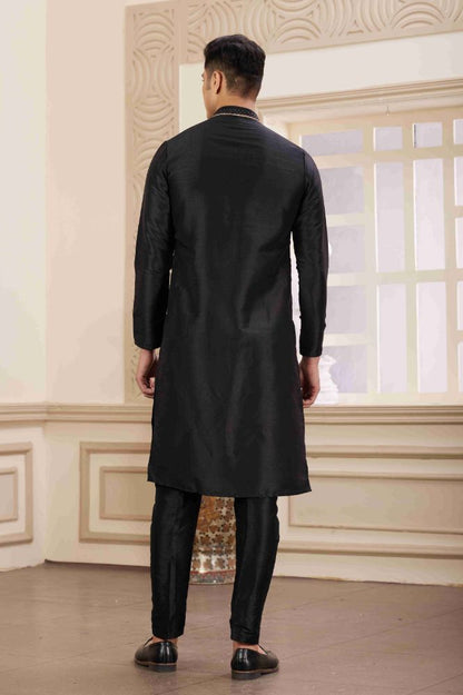 Raivat Ethnic Banarasi Art Silk Hand Work Kurta Pajama In Black Colour