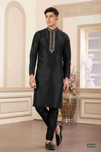 Raivat Ethnic Banarasi Art Silk Hand Work Kurta Pajama In Black Colour