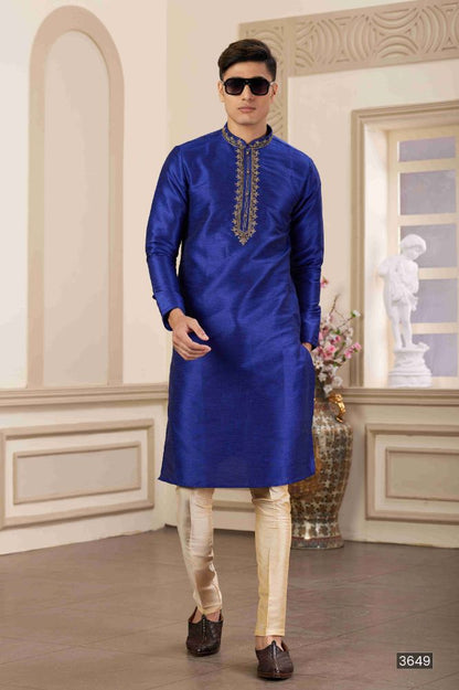 Raivat Ethnic Banarasi Art Silk Hand Work Kurta Pajama In Blue Colour