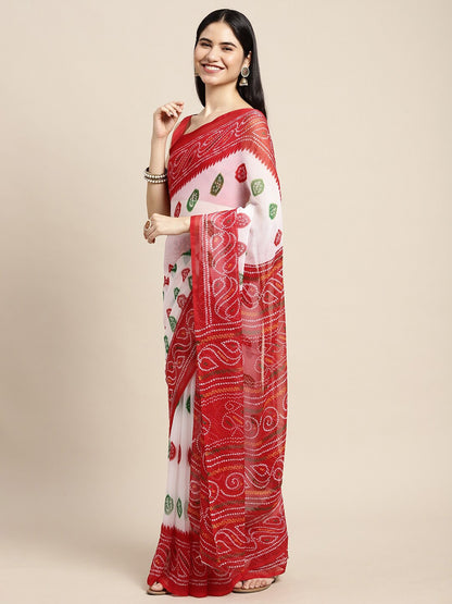 Saree Mall White & Red Printed Bandhani Sarees