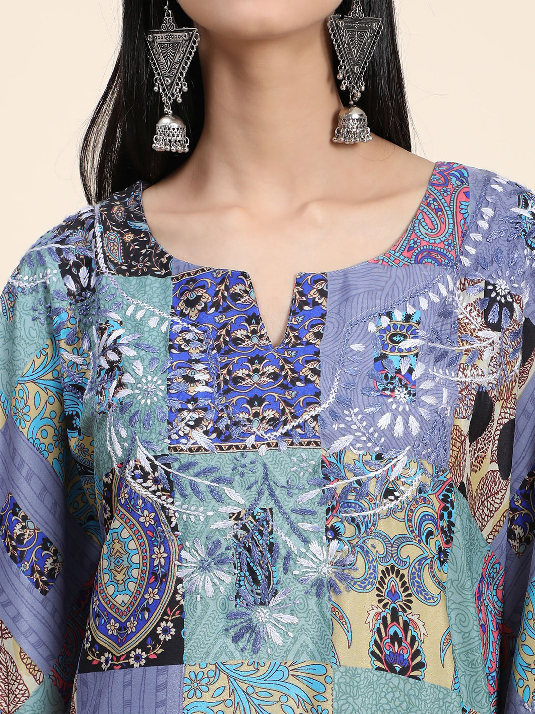 HOUSE OF KARI Ethnic Motifs Printed Notched Neck Chikankari Embroidery Cotton Kaftan Kurta