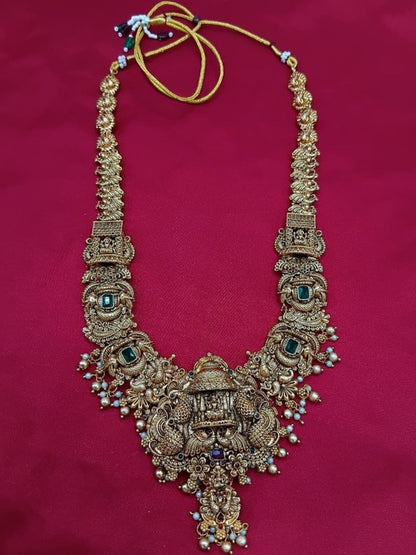 Jewel City Grand South Indian Temple Bridal Necklace Set for Women – Antique Gold-Plated Lakshmi Haram with Choker & Jhumka