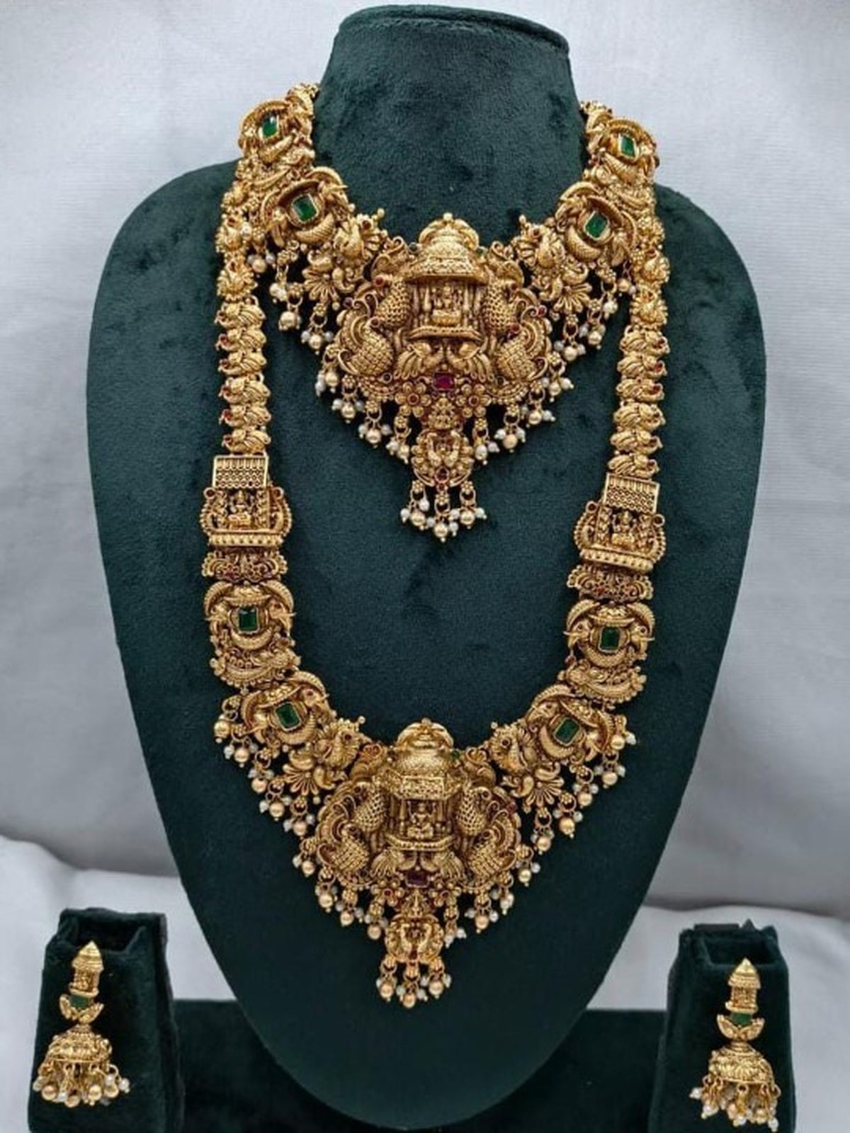 Jewel City Grand South Indian Temple Bridal Necklace Set for Women – Antique Gold-Plated Lakshmi Haram with Choker & Jhumka