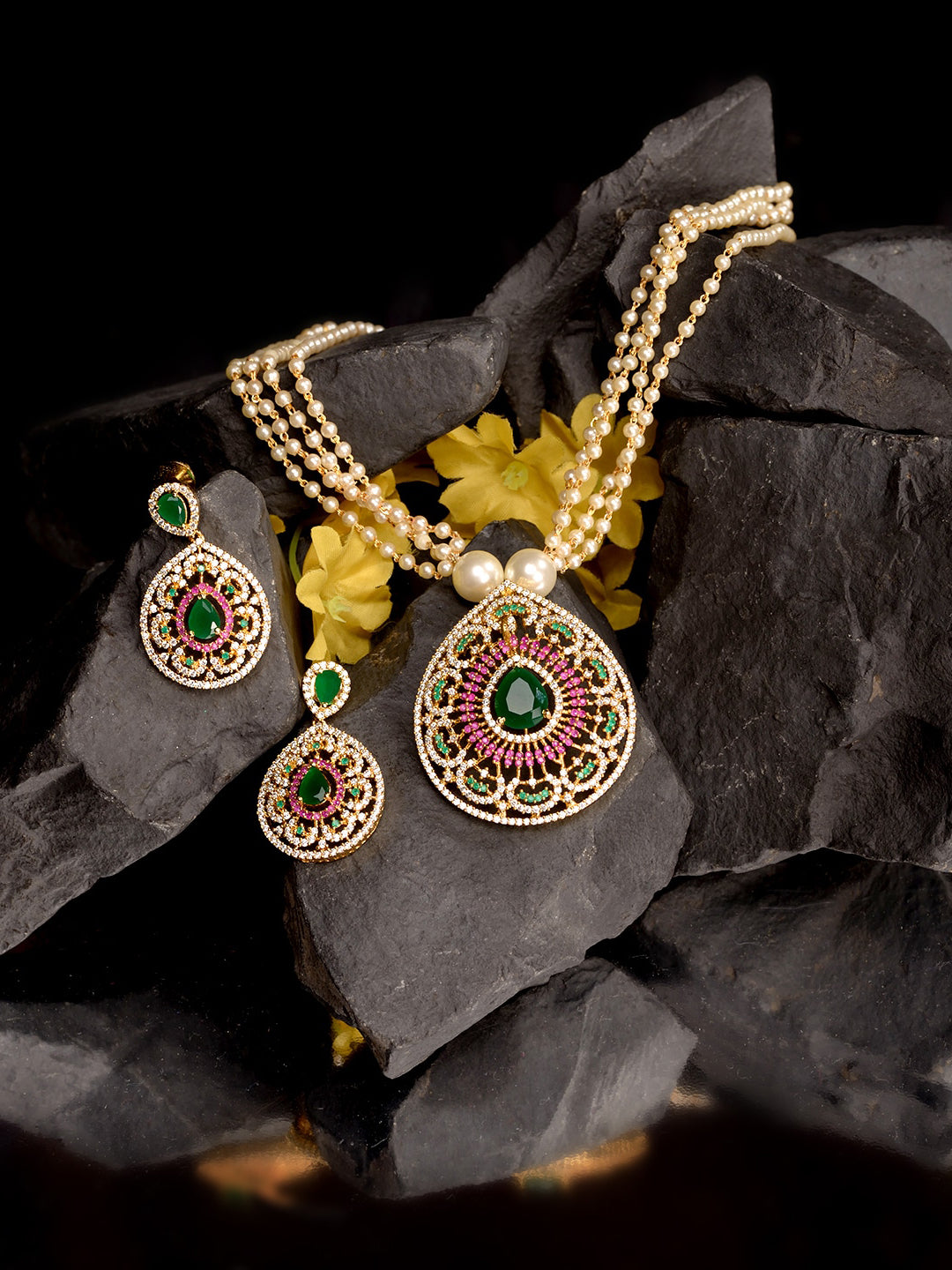Saraf RS Jewellery Women Gold-Polished Multi Coloured AD Studded Pearl Mala & Earrings Set