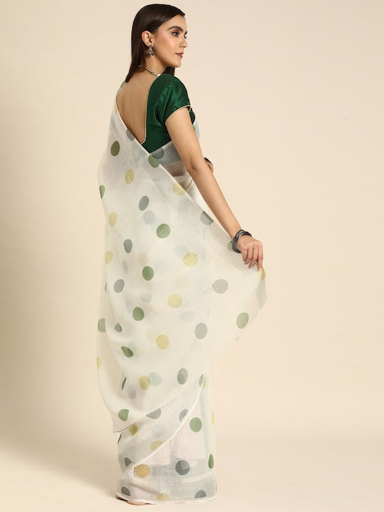 Anouk Off White & Green Linen Blend Printed Bhagalpuri Saree