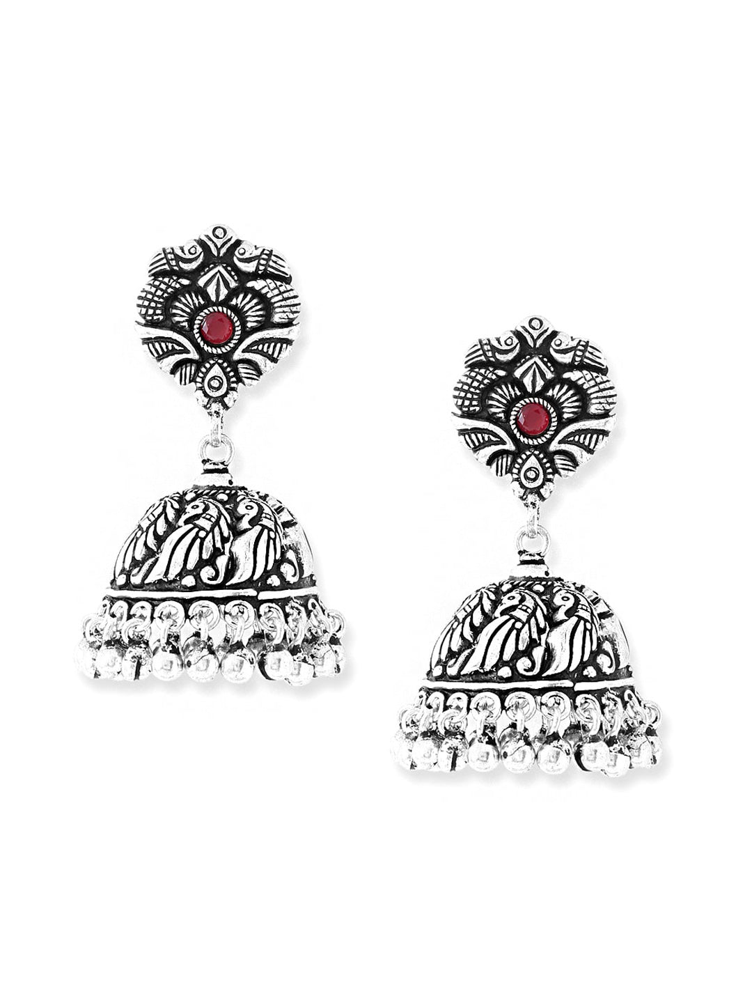 Yellow Chimes Silver-Plated Kolhapuri Peacock Design Jhumkas Earrings
