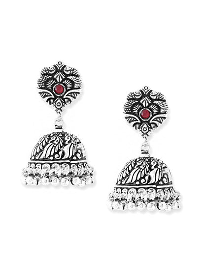 Yellow Chimes Silver-Plated Kolhapuri Peacock Design Jhumkas Earrings