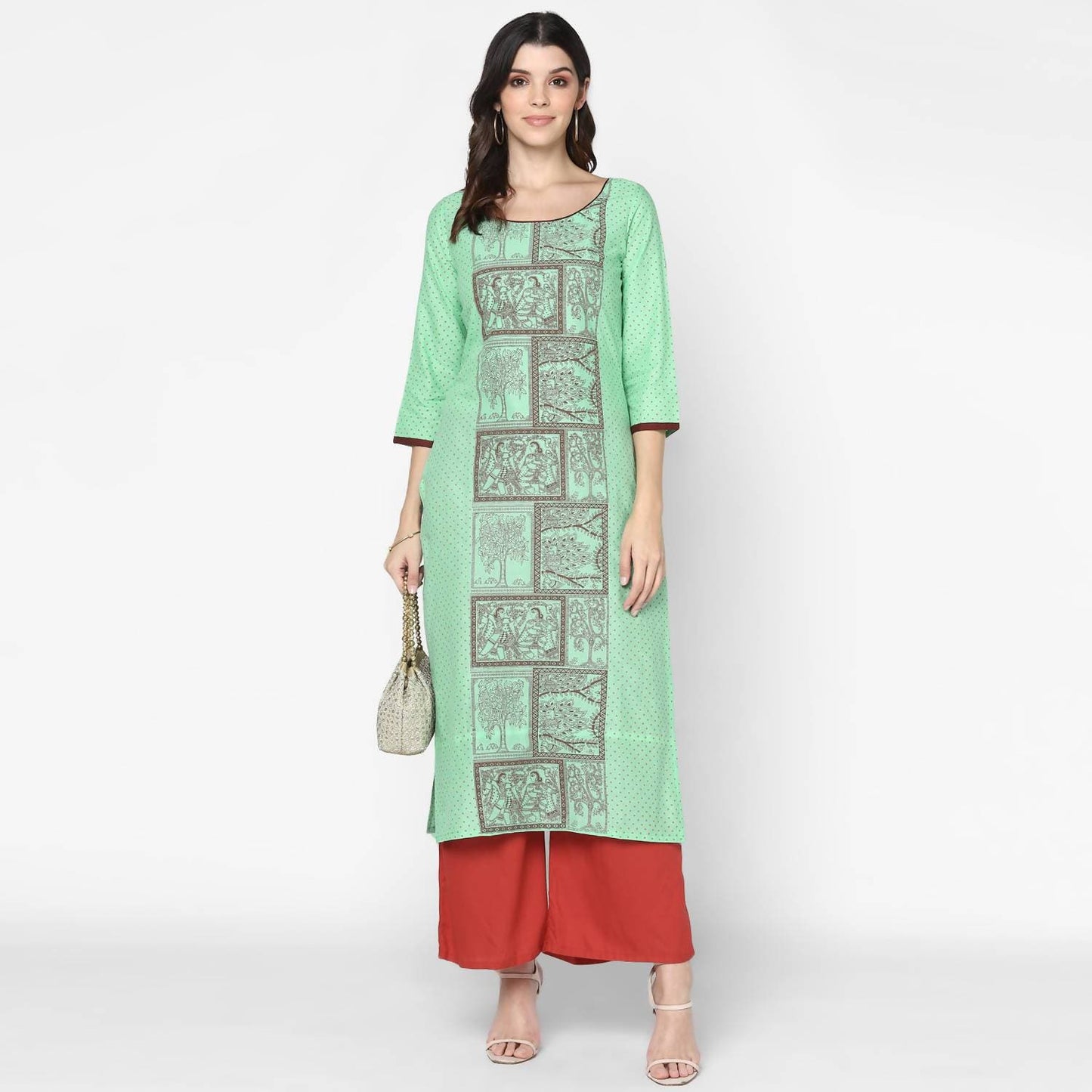 Cheera Hand Block Print Light Green Anarkali Kurta (MAAI-064K)
