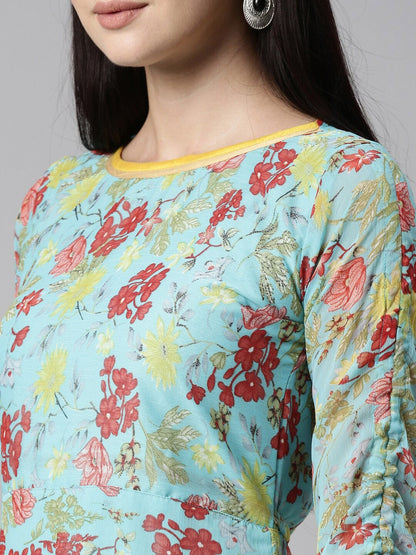 Souchii Blue Floral Printed Chiffon A-Line Midi Dress